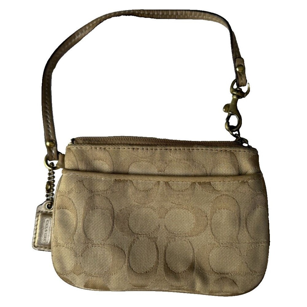 Vintage 2002 Coach Signature Jacquard Beige Wristlet Gold Leather Trim Y2K